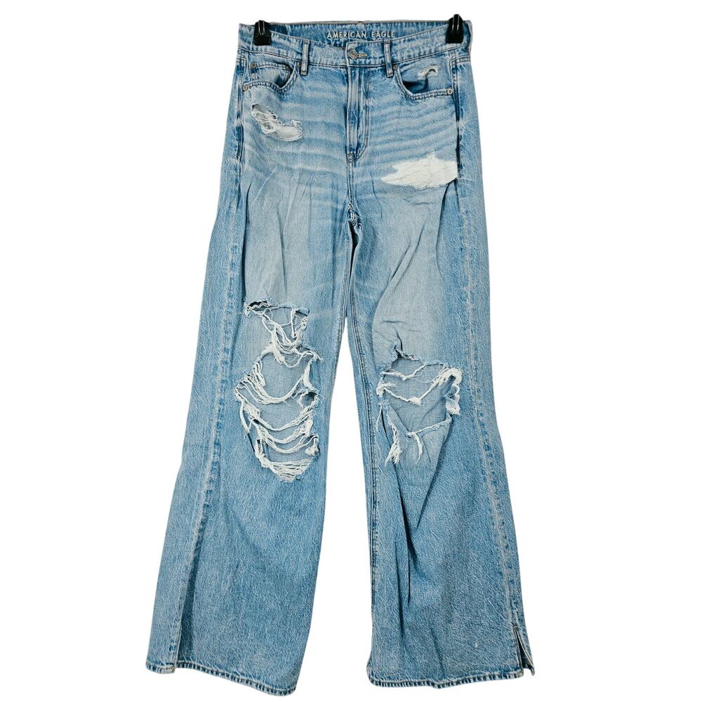 American Eagle Dreamy Drape Ripped Super High Waisted Baggy Wide Leg Jean 4 4247
